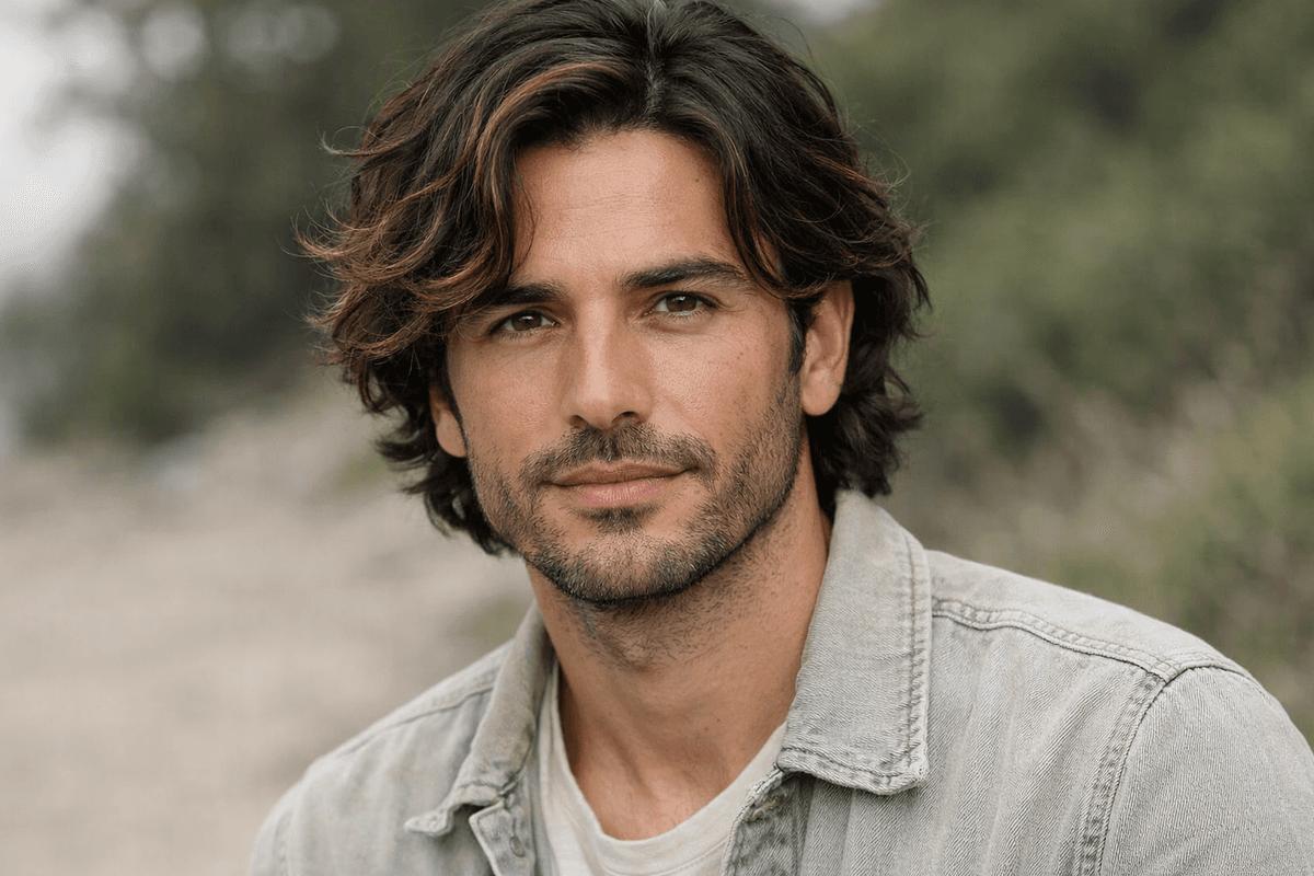 Homem com cabelo ondulado castanho e mechas caramelo criando movimento tridimensional