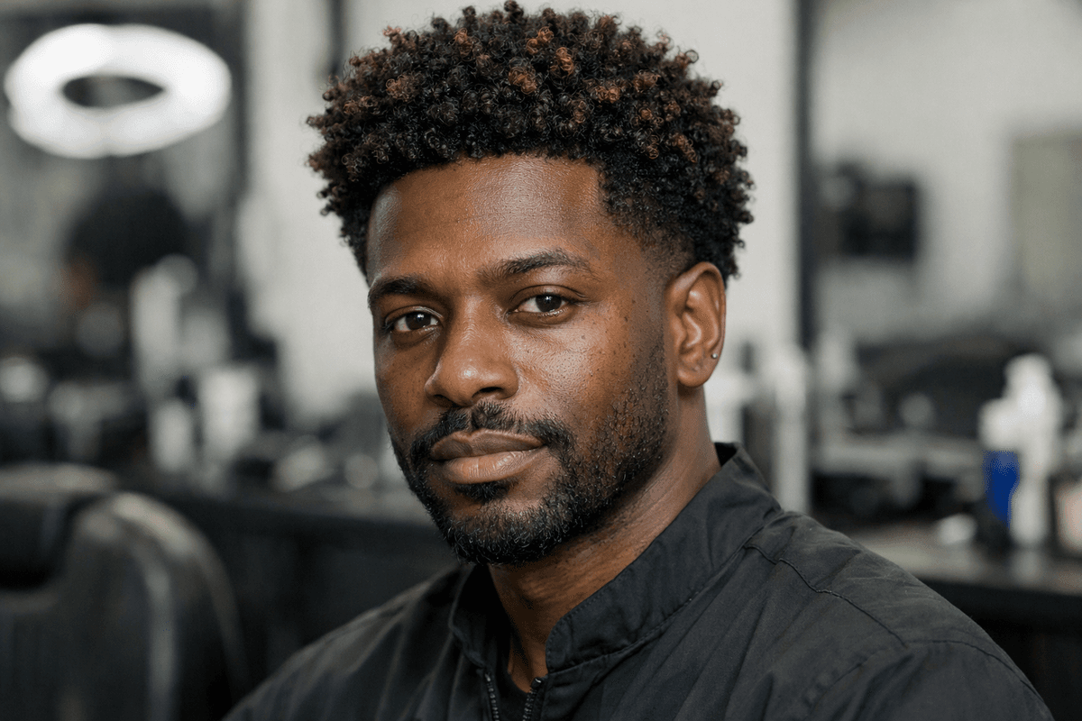 Homem com cabelo crespo curto castanho-escuro e mechas caramelo sutis no topo