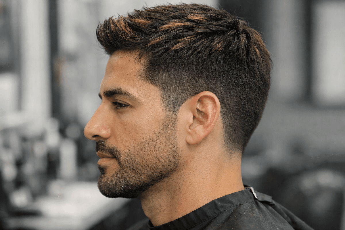 Vista lateral de homem com cabelo curto castanho e mechas distribuídas naturalmente da frente à nuca