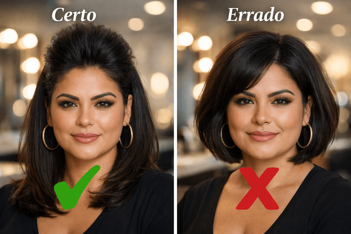 Mulher antes e depois do visagismo para rosto redondo
