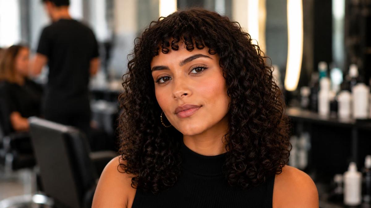 Mulher de cabelo cacheado volumoso e franja curta com cachos definidos posa de frente olhando para a foto.