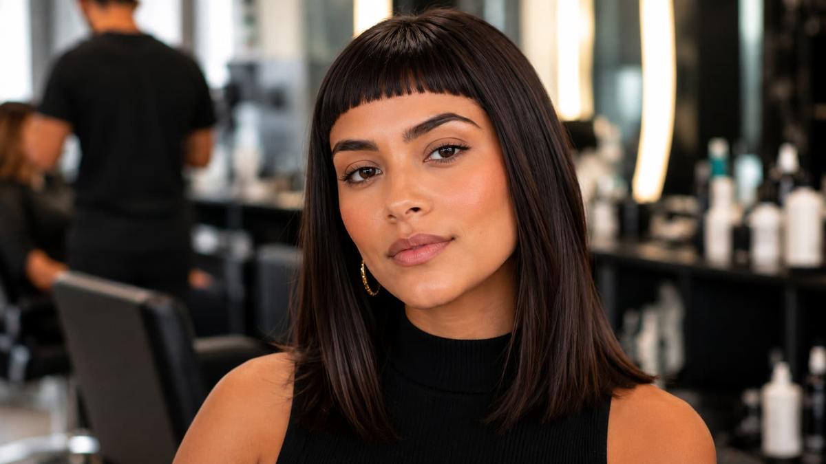 Mulher de cabelo liso médio escuro com franja curta reta posa em um salão de beleza moderno.