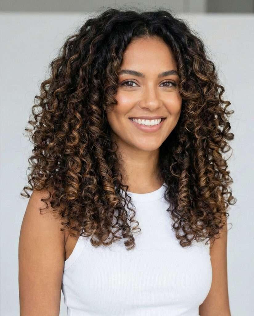 Mulher com cabelo castanho cacheado longo