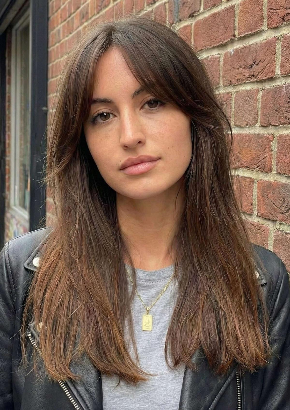 Mulher com cabelo castanho e corte com franja cortina