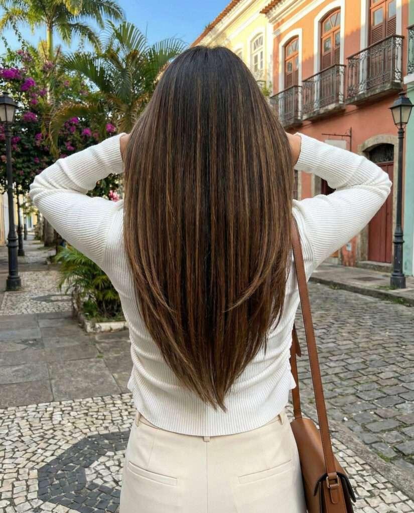 Mulher com cabelo castanho escuro grosso