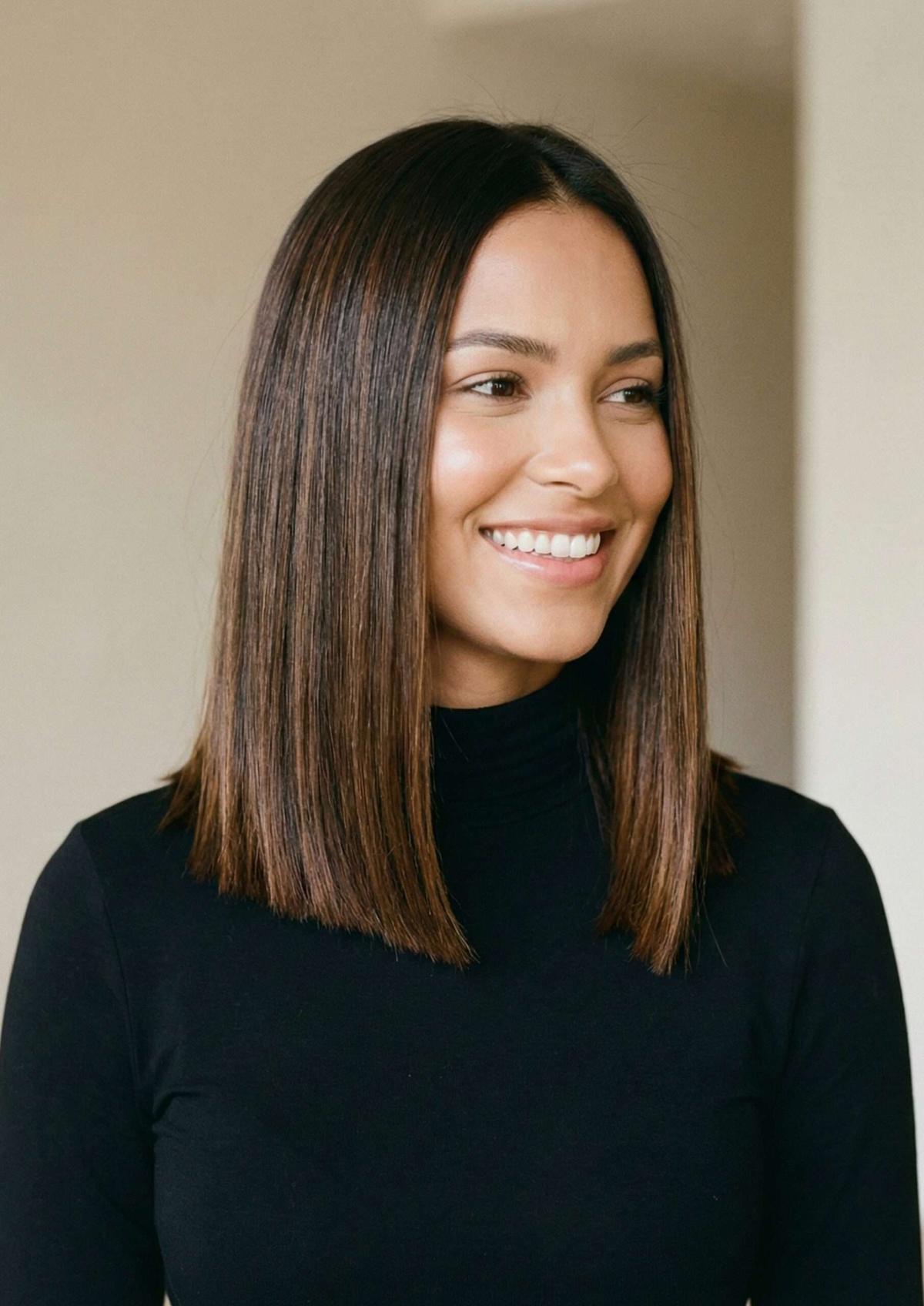 Mulher com cabelo castanho chocolate com blunt cut longo, vista de lado