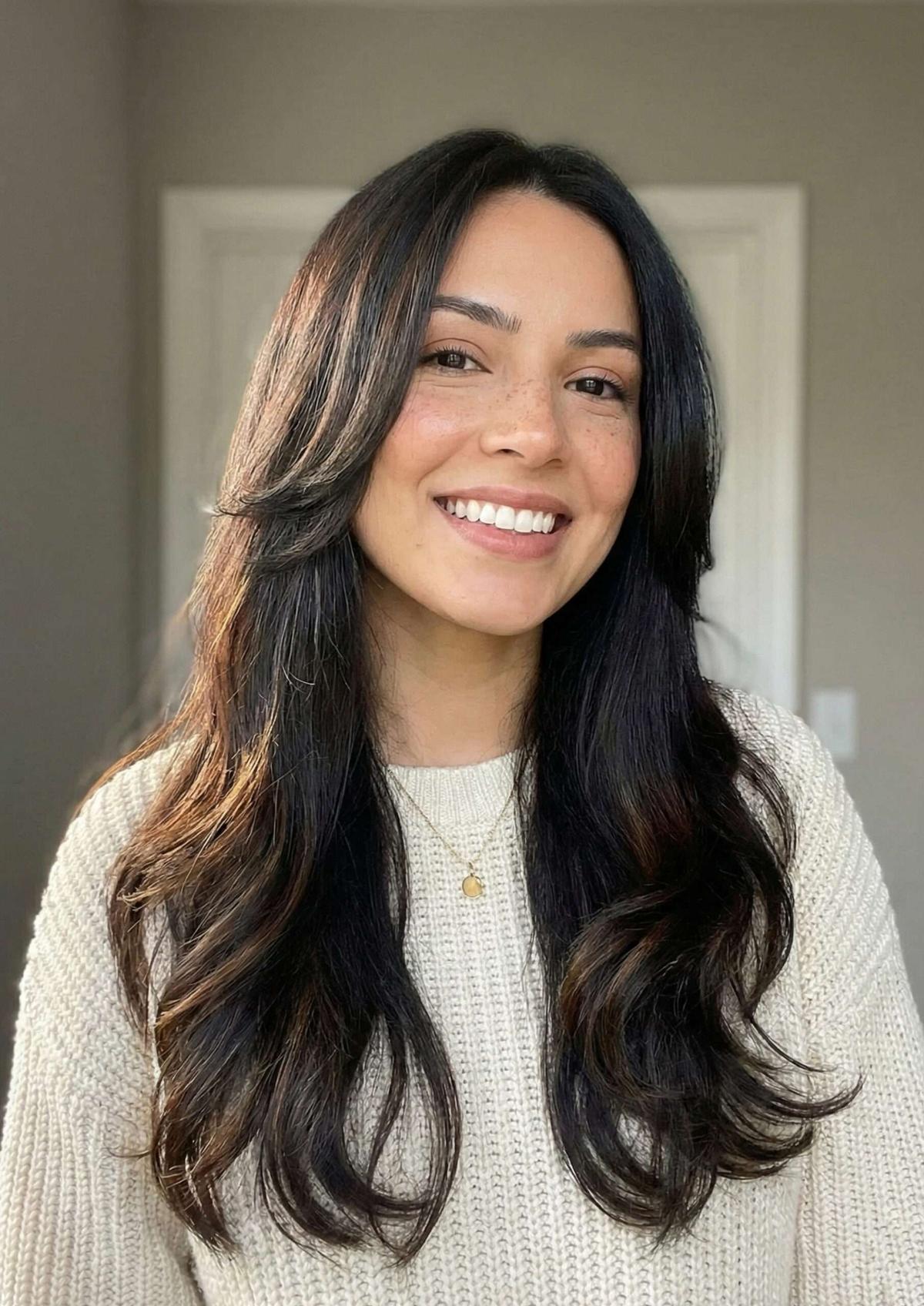 Mulher com cabelo moreno e com corte em camadas face frame