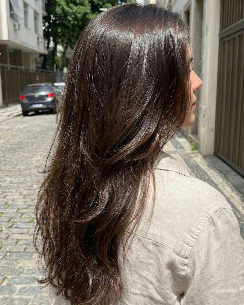 Cabelo longo castanho com camadas desfiadas e movimento natural