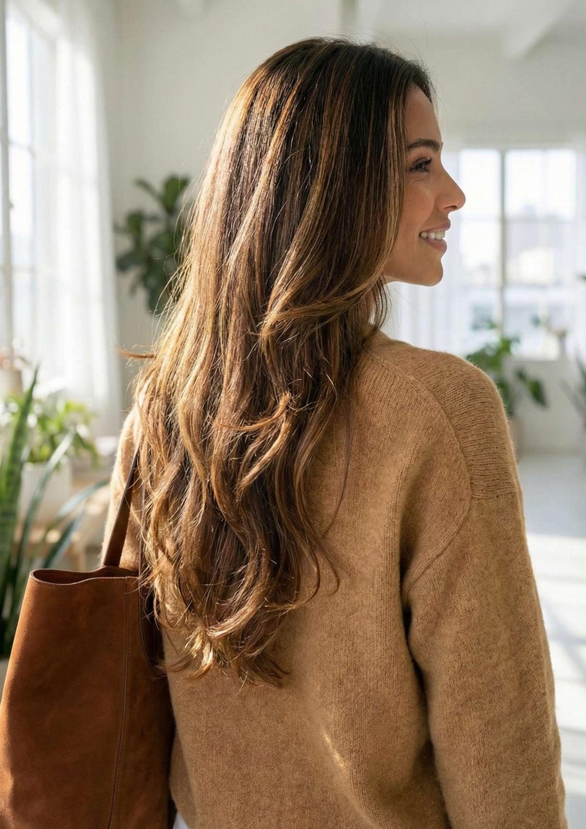 Mulher com corte de cabelo longo com camadas sutis, vista de lado
