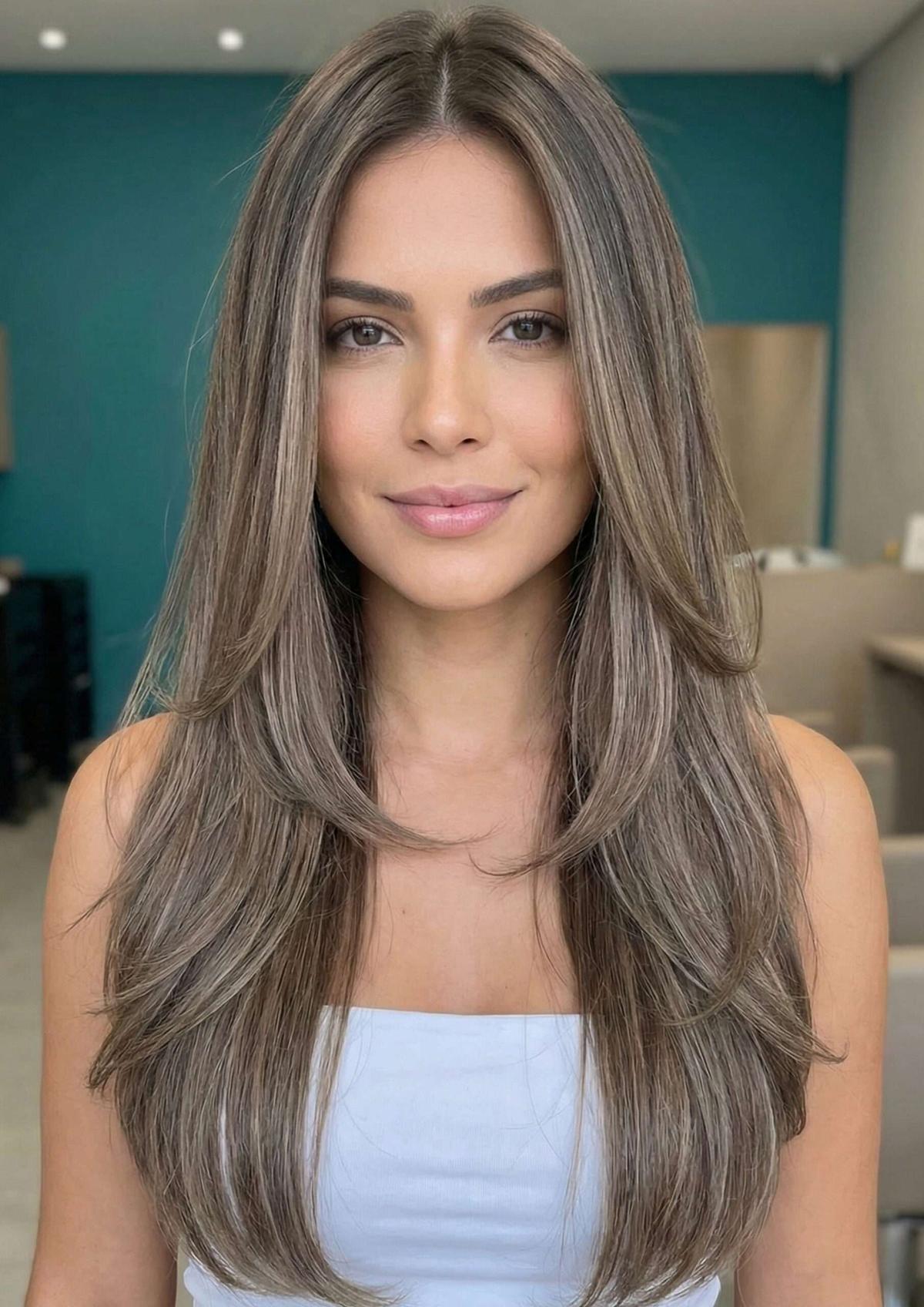Mulher com cor de cabelo castanho acinzentado com corte repicado