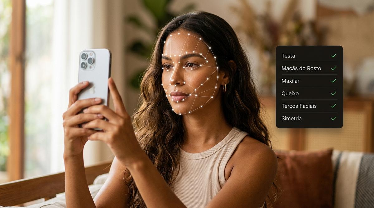 Mulher fazendo análise dos 68 pontos faciais por meio do visagismo com IA