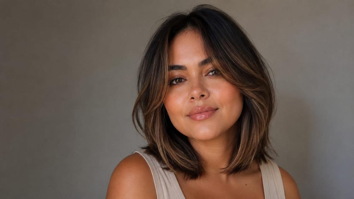 Mulher com rosto redondo e corte bob médio texturizado, exemplo do simulador de corte de cabelo feminino.