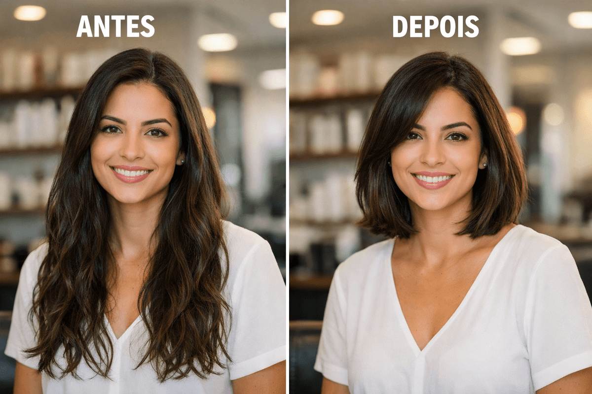 Comparação lado a lado de cabelo longo e médio na mesma mulher brasileira