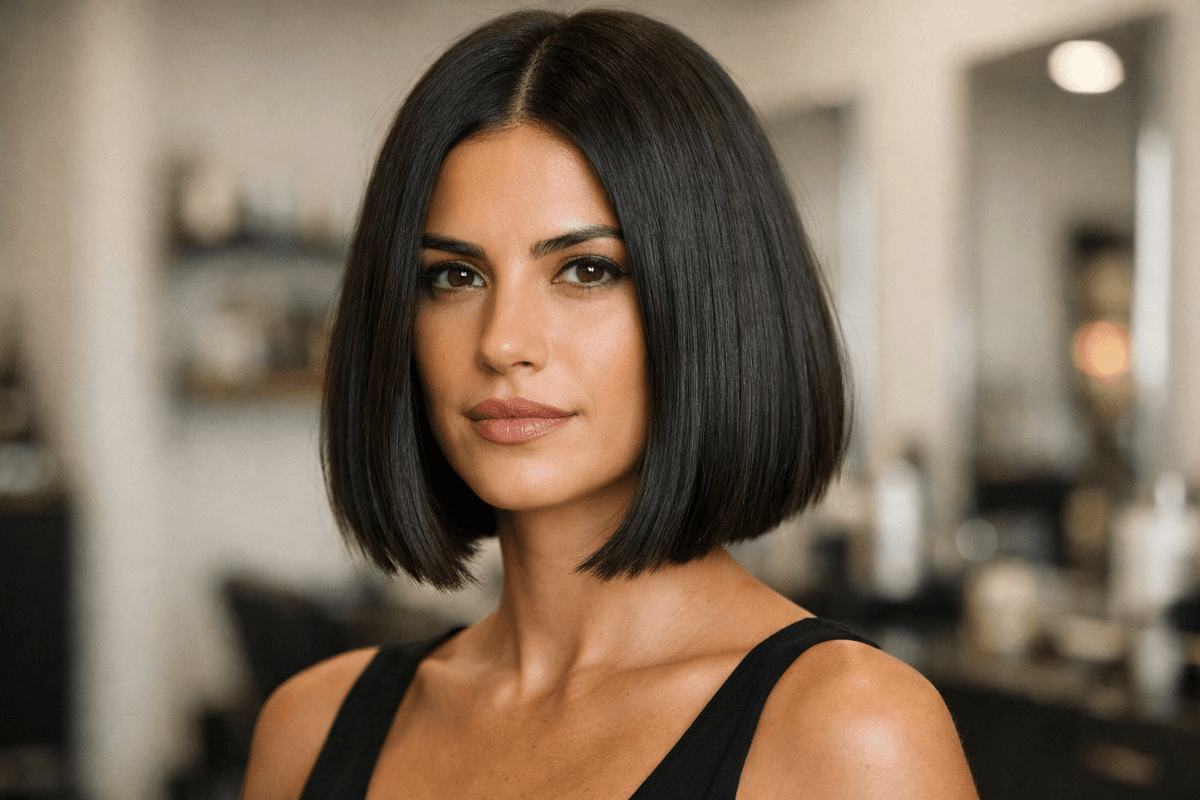 Corte bob na altura do queixo em mulher brasileira com rosto oblongo e cabelo liso