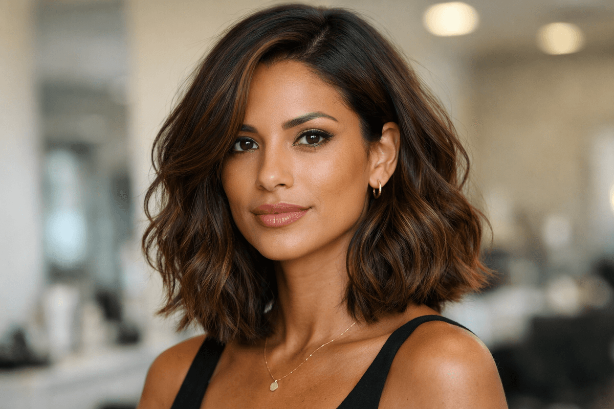 Lob com ondas soltas em mulher brasileira com rosto oblongo e cabelo castanho