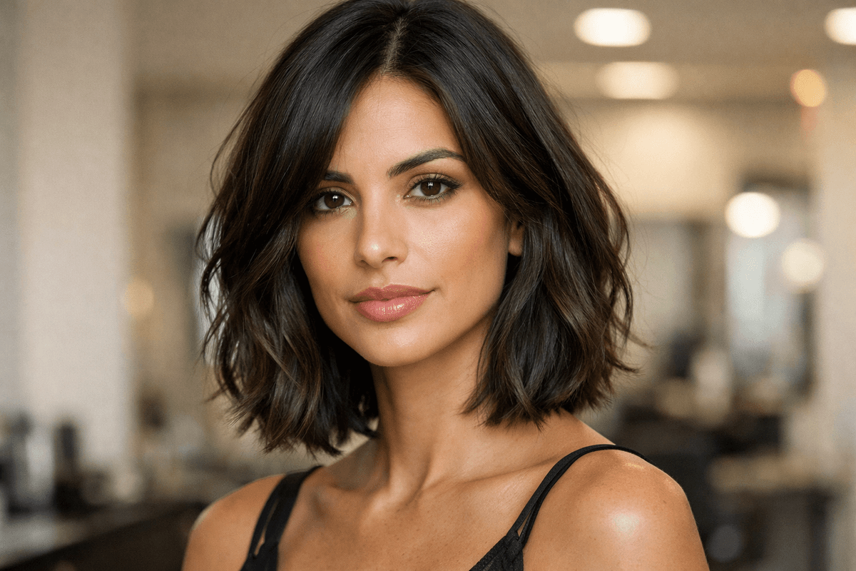 Long bob com camadas suaves em mulher brasileira com rosto losango e cabelo ondulado