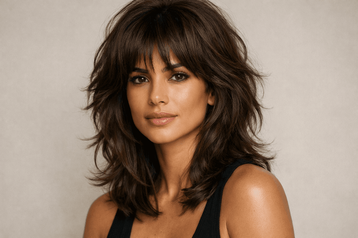 corte de cabelo longo shag moderno em mulher brasileira com rosto diamante
