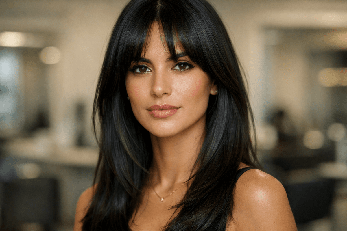 Franja cortina suave em mulher brasileira com rosto diamante e cabelo liso