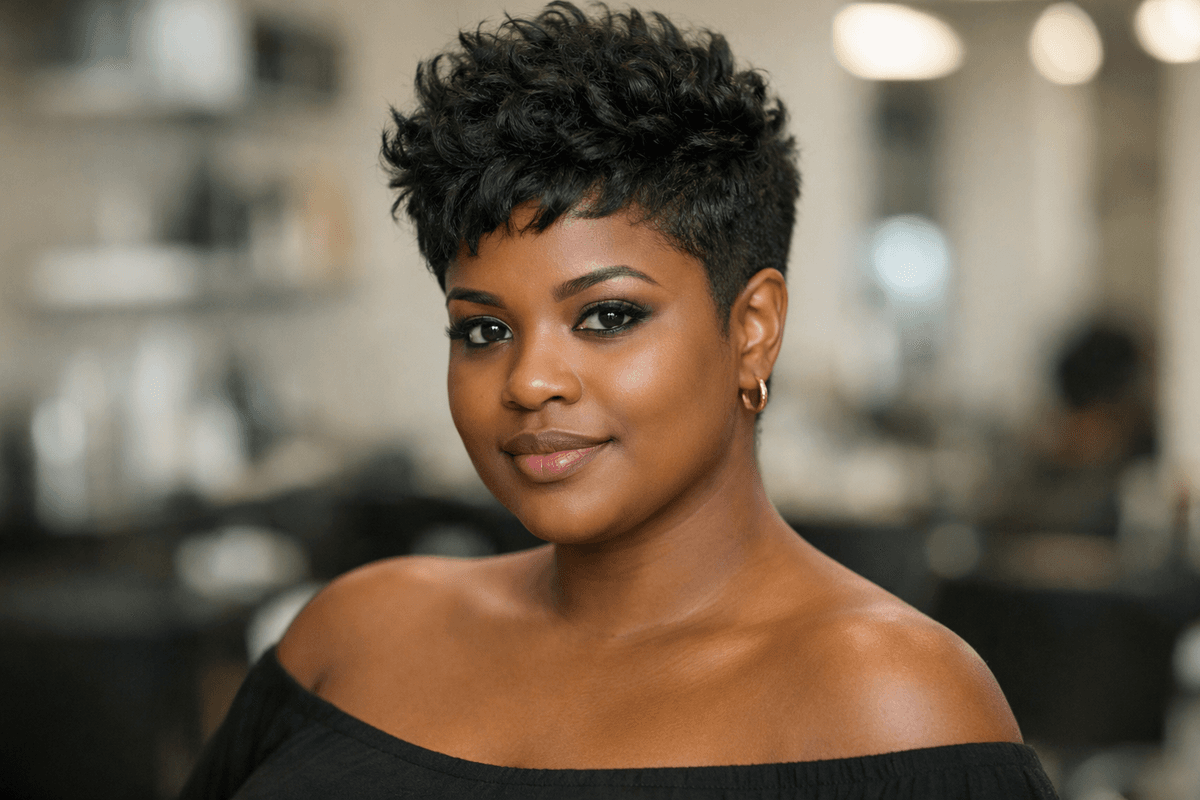 Corte pixie com volume no topo em mulher brasileira de rosto redondo