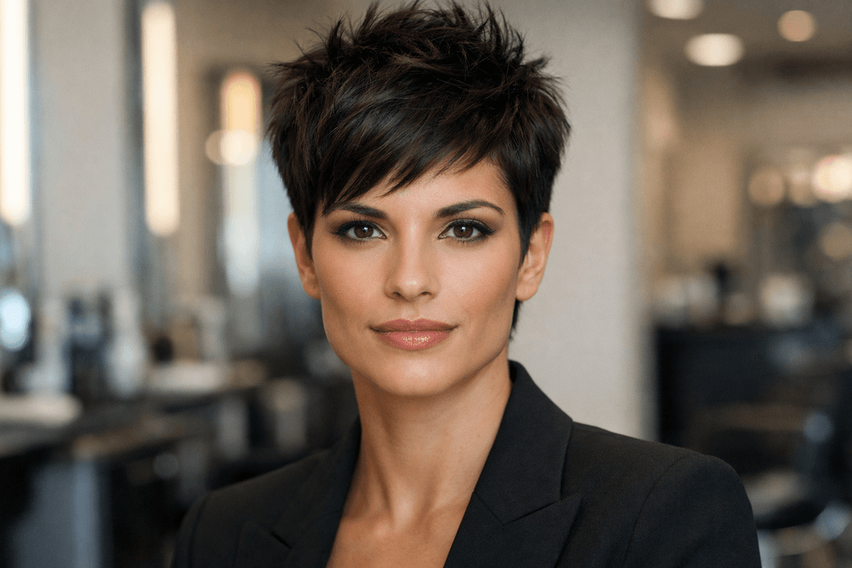 Pixie curto com volume no topo em mulher brasileira com rosto triangular e cabelo médio