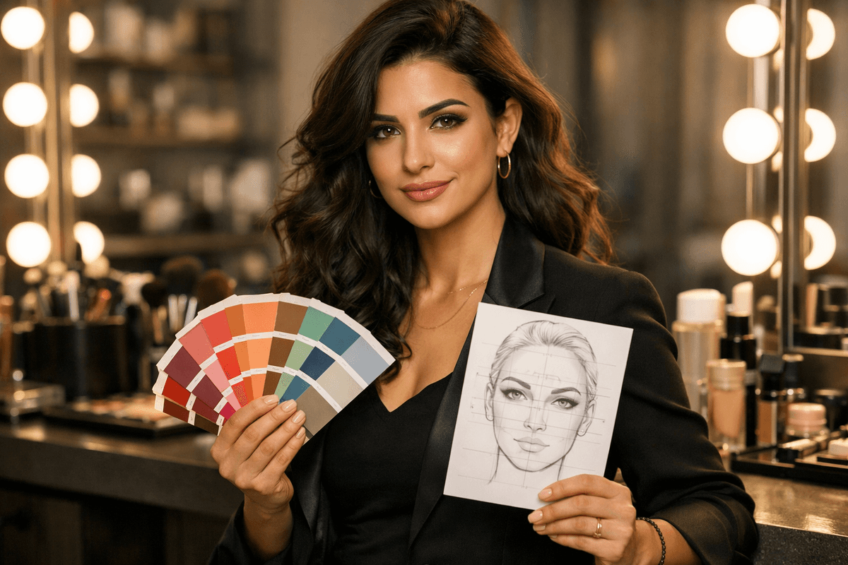 Mulher visagista profissional com paleta de cores e desenho de harmonização facial
