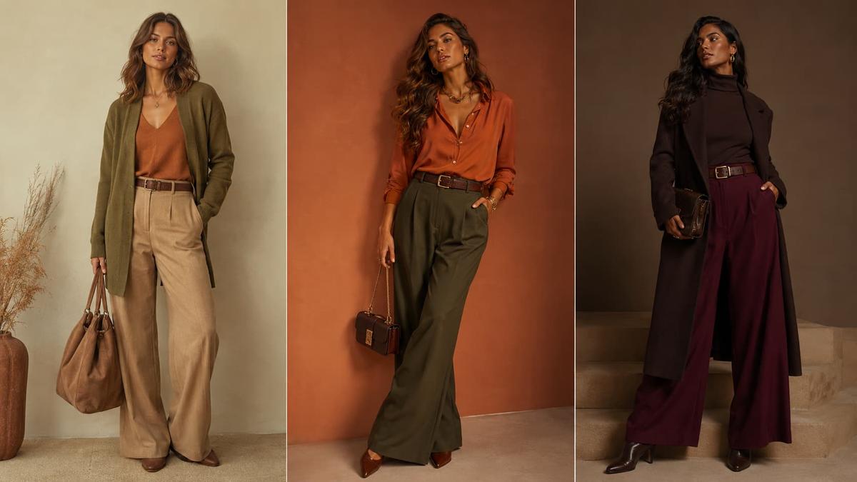 Cartela de cores pessoal outono: três mulheres usando looks em tons terrosos, verde oliva, terracota e marrom.