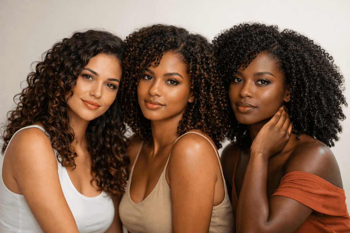 Três mulheres brasileiras exibindo cabelos cacheados tipos 3A, 3B e 3C com diferentes tamanhos de cachos