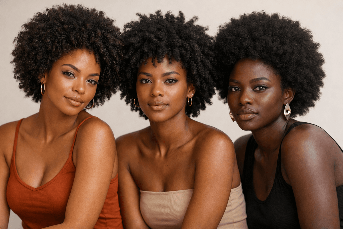 Três mulheres brasileiras com cabelos crespos tipos 4A, 4B e 4C mostrando diferentes padrões de textura