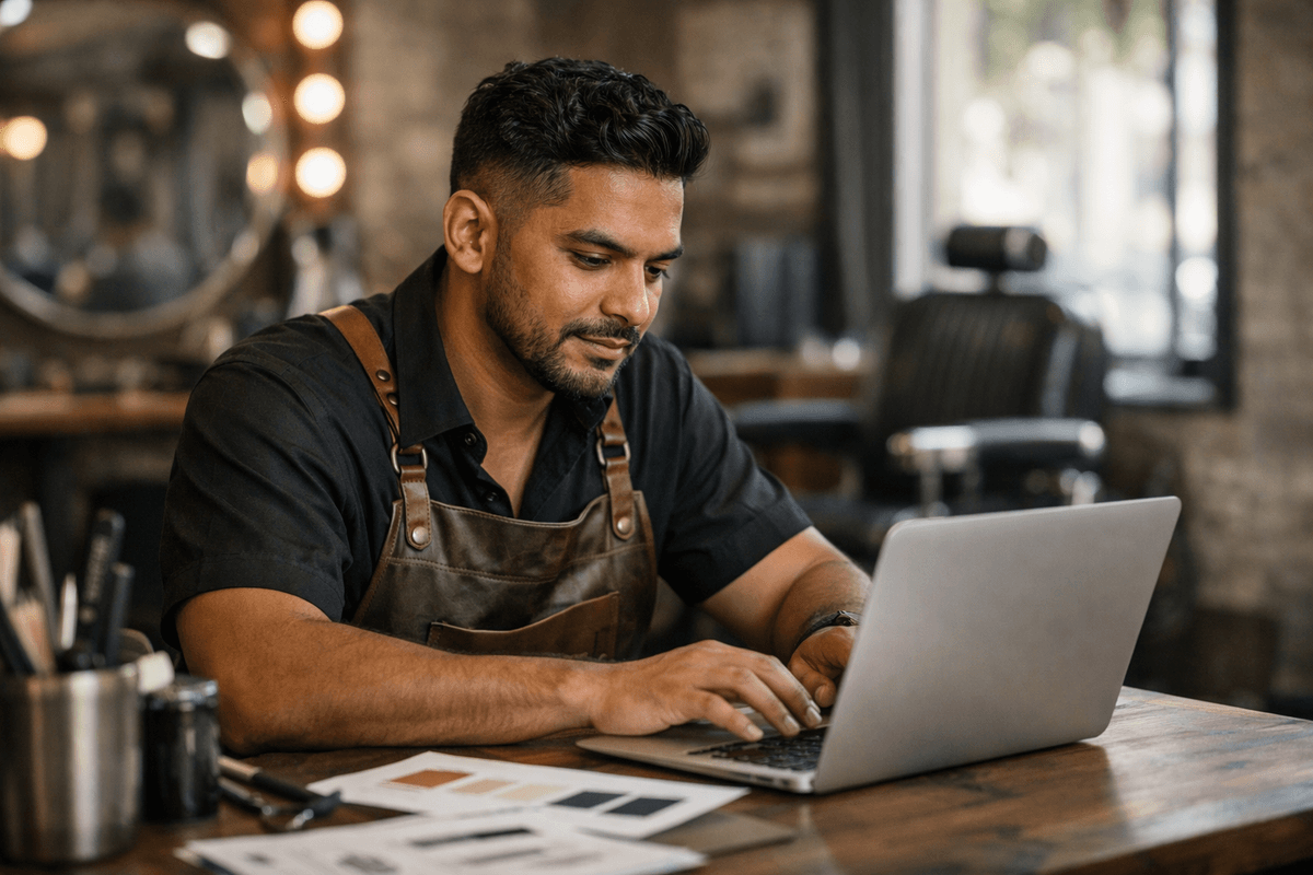 Barbeiro planejando identidade visual e nome da barbearia em notebook no salão