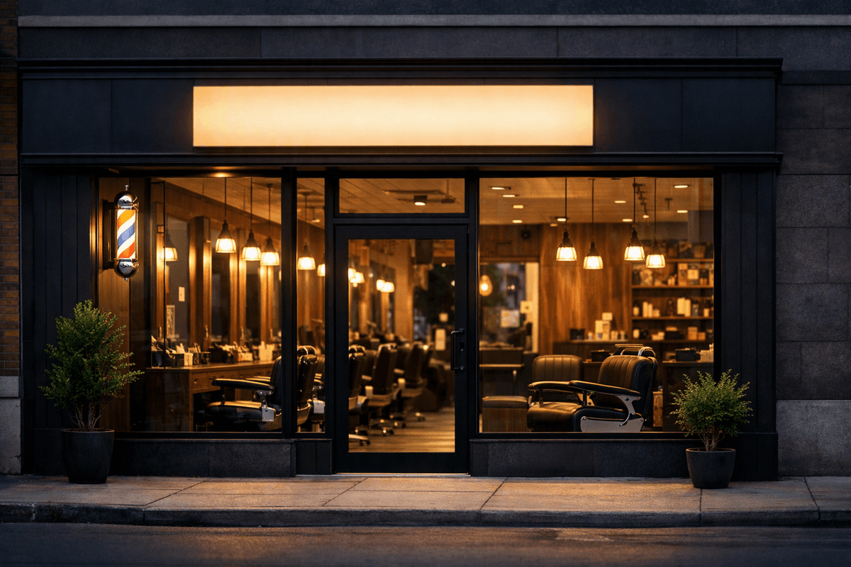 Fachada moderna de barbearia com letreiro iluminado e identidade visual profissional