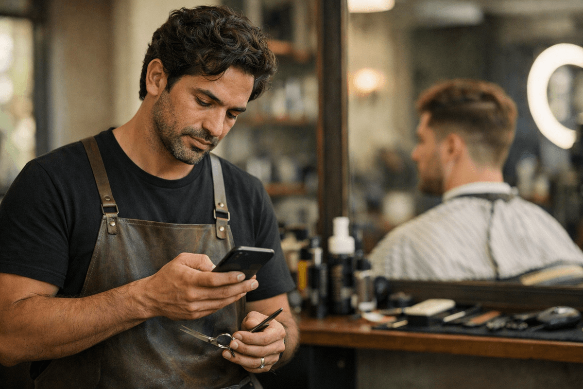 Barbeiro verificando disponibilidade de nome comercial em smartphone durante atendimento