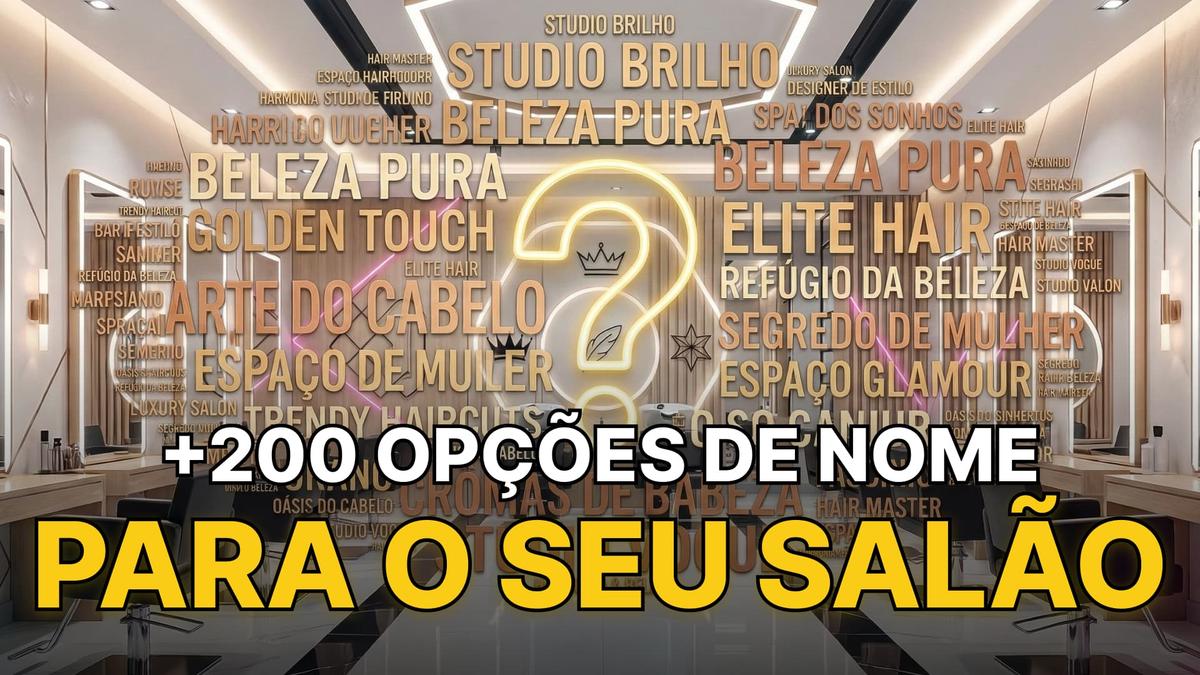Nomes para salão de beleza: nuvem de nomes e ponto de interrogação. Texto: +200 opções de nome para o seu salão