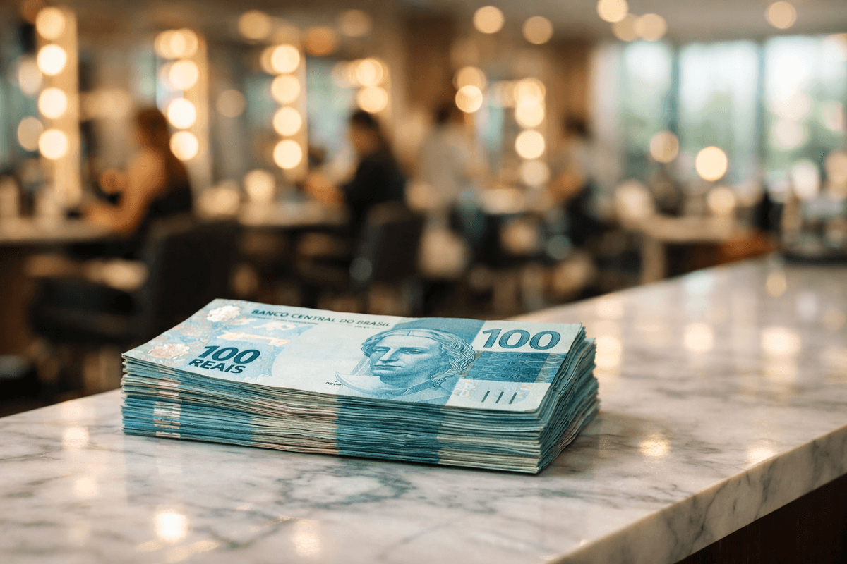 Pilha de notas de R$100 em salão de beleza para representar quanto visagista ganha