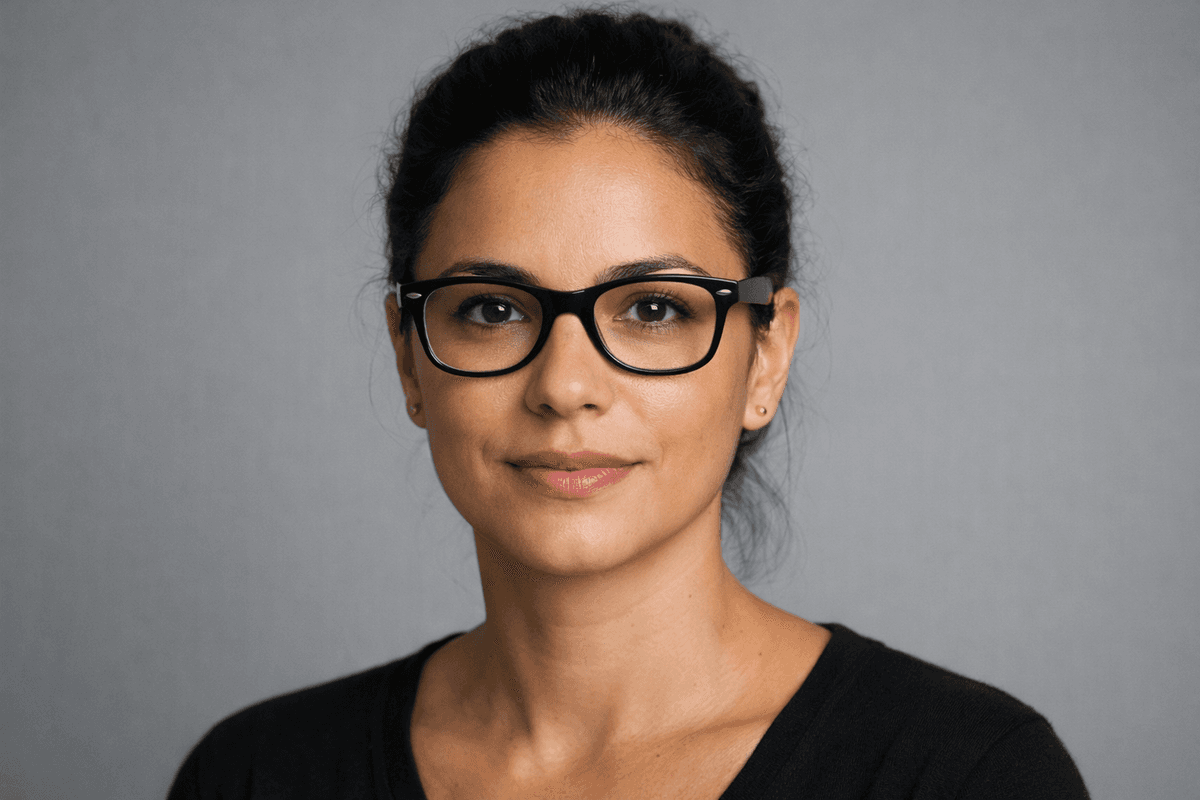 Mulher de rosto oval com óculos estilo wayfarer