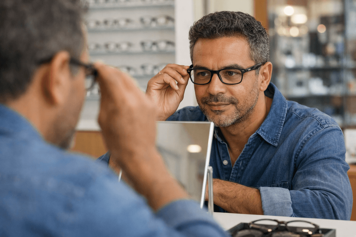 Homem provando óculos diante do espelho na ótica