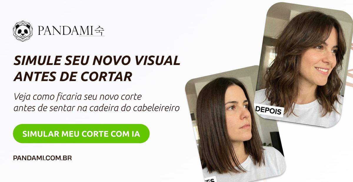 Banner do simulador de corte Pandami mostrando o antes e depois do visual de uma mulher com inteligência artificial