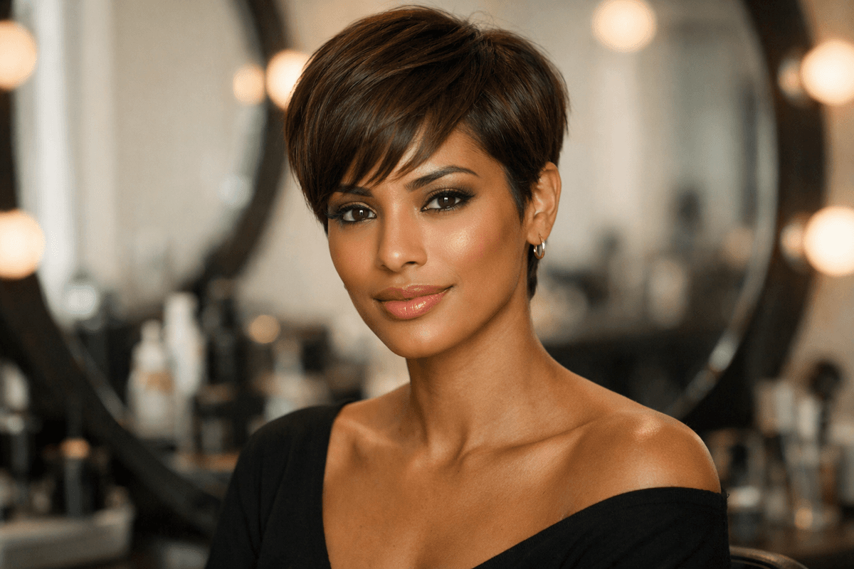Mulher com pixie cut clássico, cabelo castanho liso e rosto oval em ambiente de salão