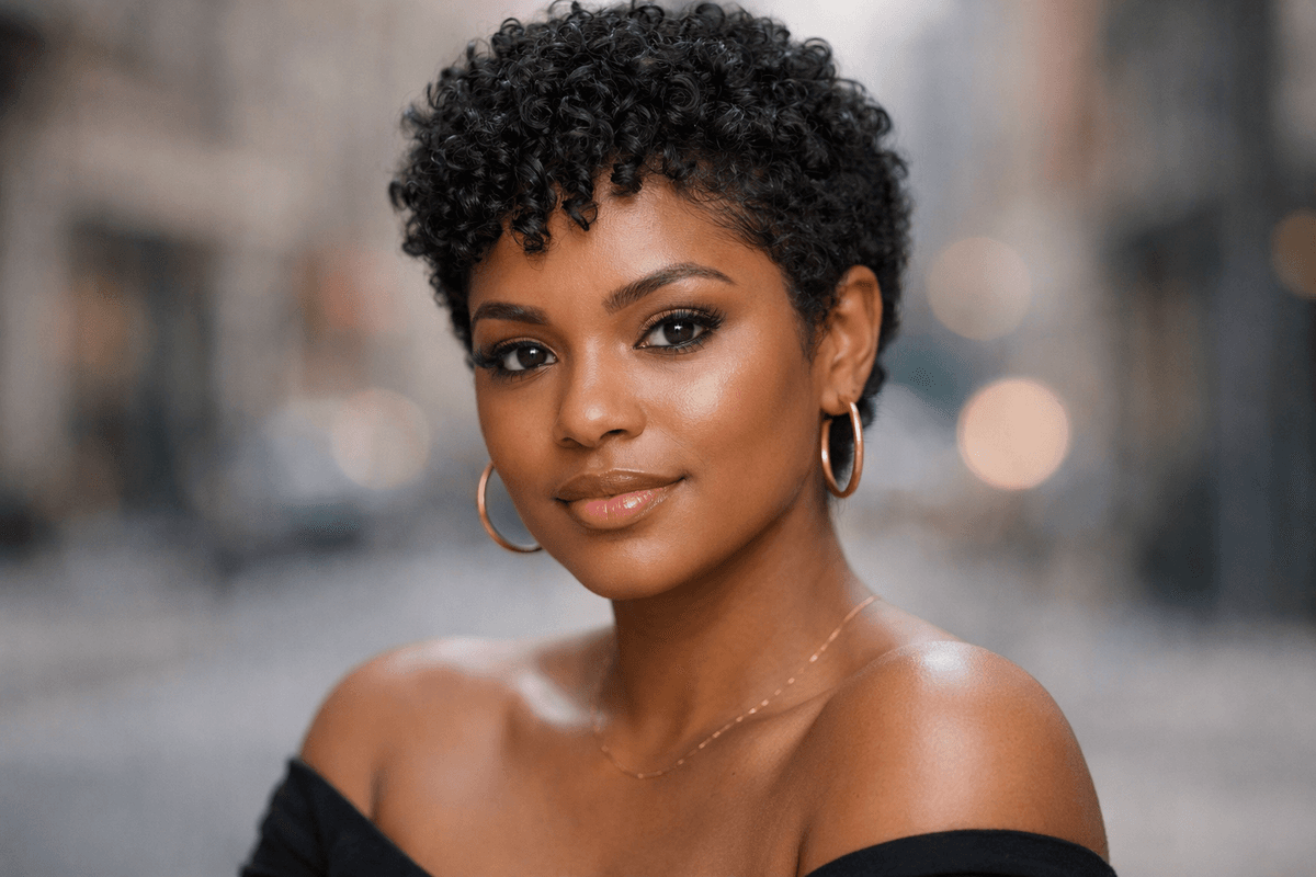Mulher com pixie cut desfiado e cabelo preto cacheado tipo 3C em ambiente urbano