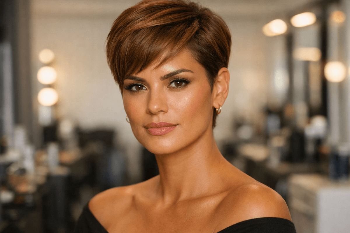 Mulher com pixie clássico em cabelo liso castanho claro e rosto quadrado