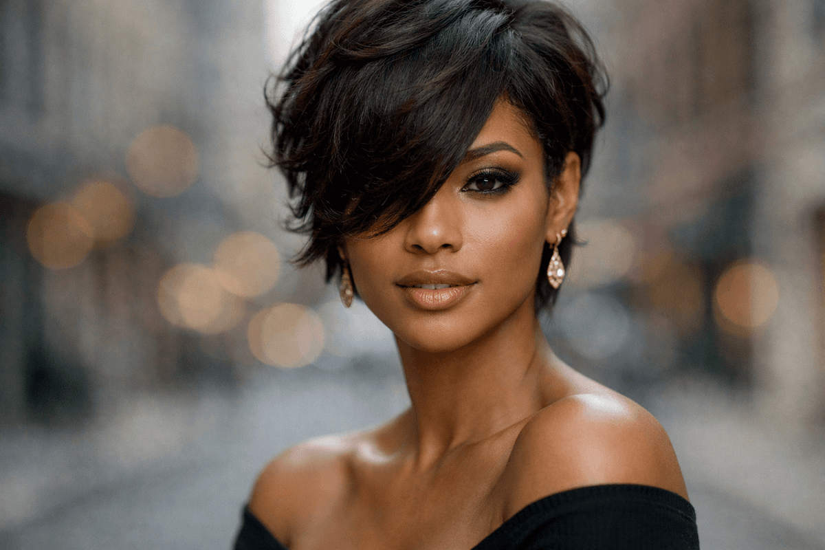 Mulher com pixie de franja lateral longa cobrindo um olho, cabelo ondulado escuro