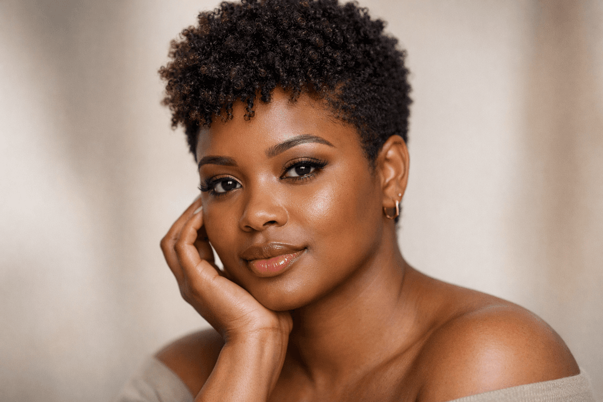 Mulher com pixie cut em cabelo cacheado tipo 4A, volume natural no topo