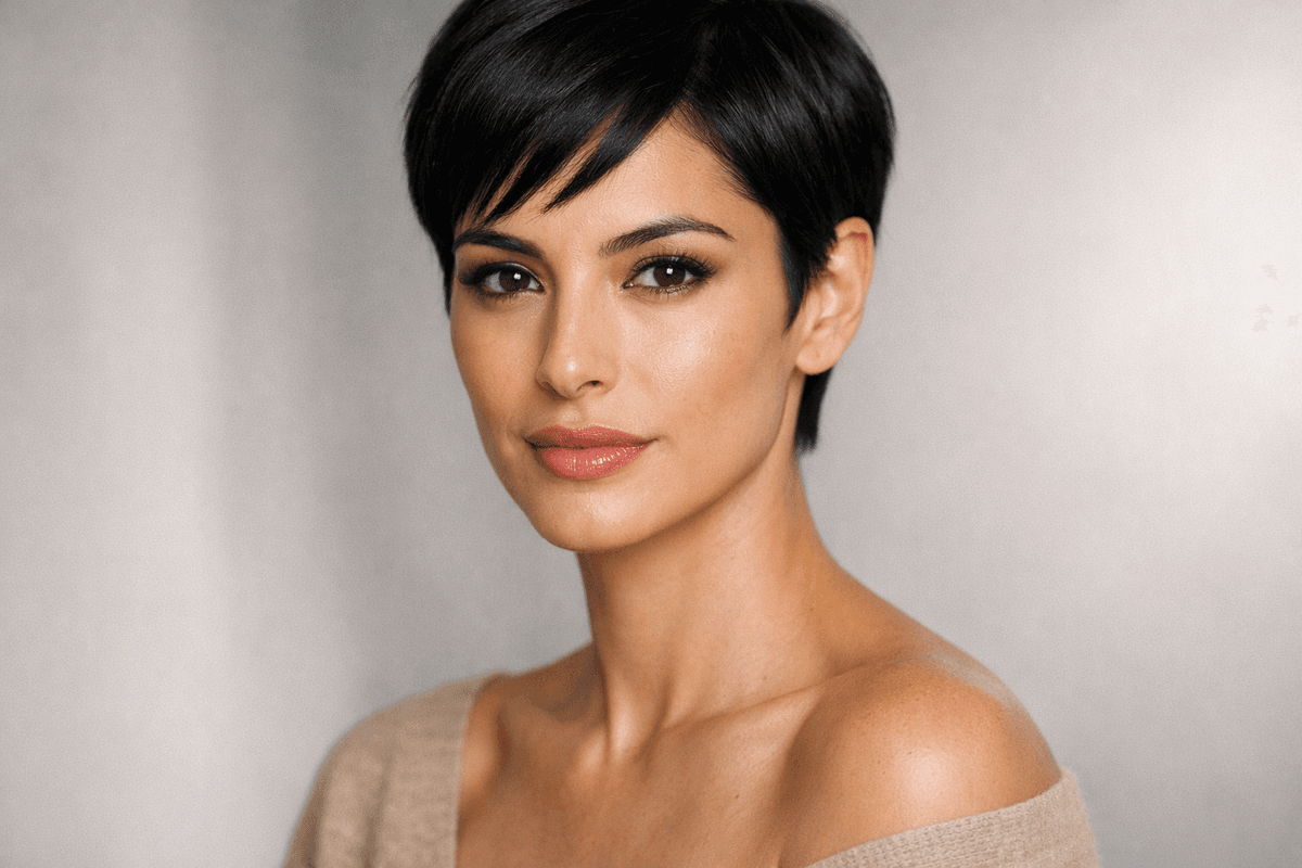 Mulher com pixie liso minimalista, cabelo preto e rosto com maçãs marcadas