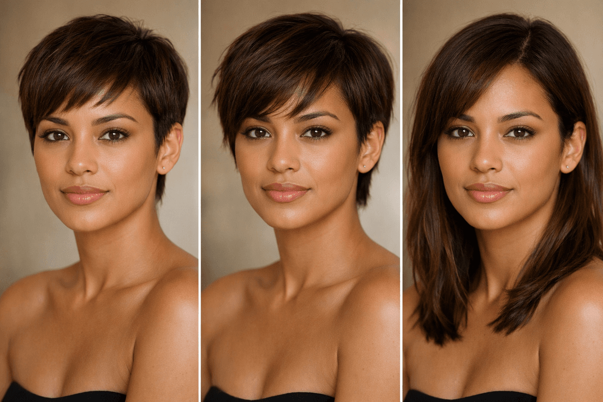 Sequência de três imagens mostrando crescimento de pixie ao longo de meses