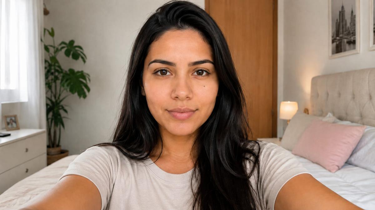 Close em formato de selfie de uma mulher de cabelos longos e escuros sorrindo levemente em um quarto iluminado.