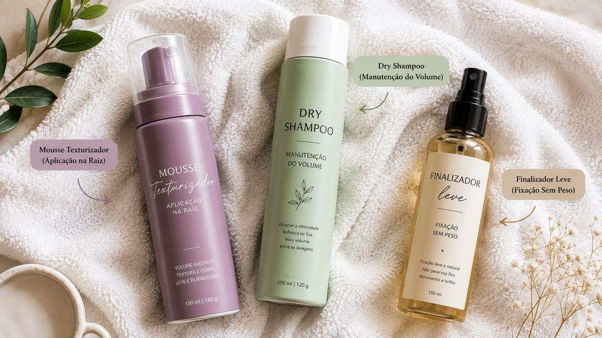 Mousse texturizador, dry shampoo e finalizador leve dispostos em uma toalha para franja para cabelo fino