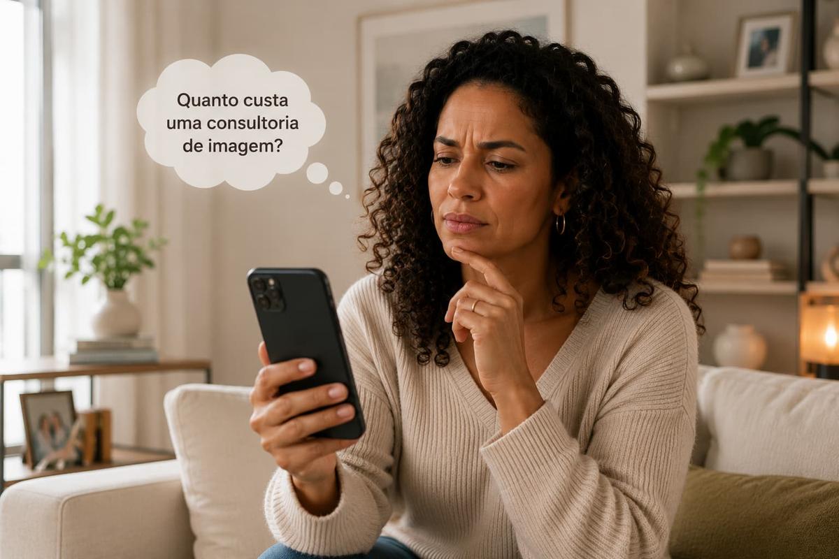 Mulher pensativa olhando celular com balão de pensamento: Quanto custa uma consultoria de imagem?
