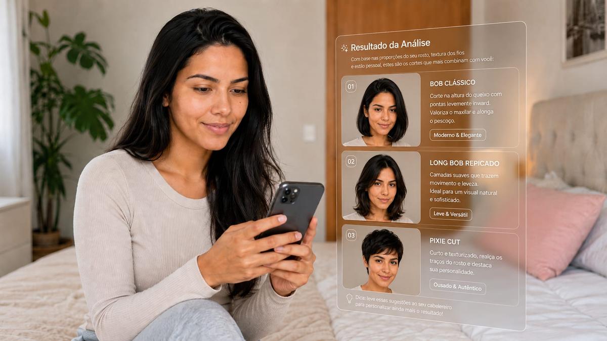 Mulher analisa opções em aplicativo para testar corte de cabelo: bob clássico, long bob repicado e pixie cut.