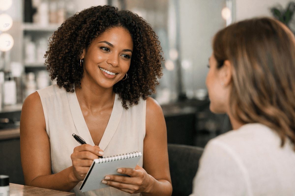 Profissional de beleza realizando consulta estética e registrando informações em ficha técnica