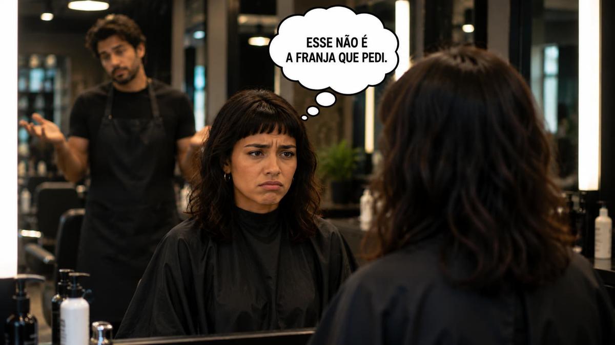 Mulher triste no espelho com balão de pensamento: Esse não é a franja que pedi. Cabeleireiro ao fundo dá de ombros.