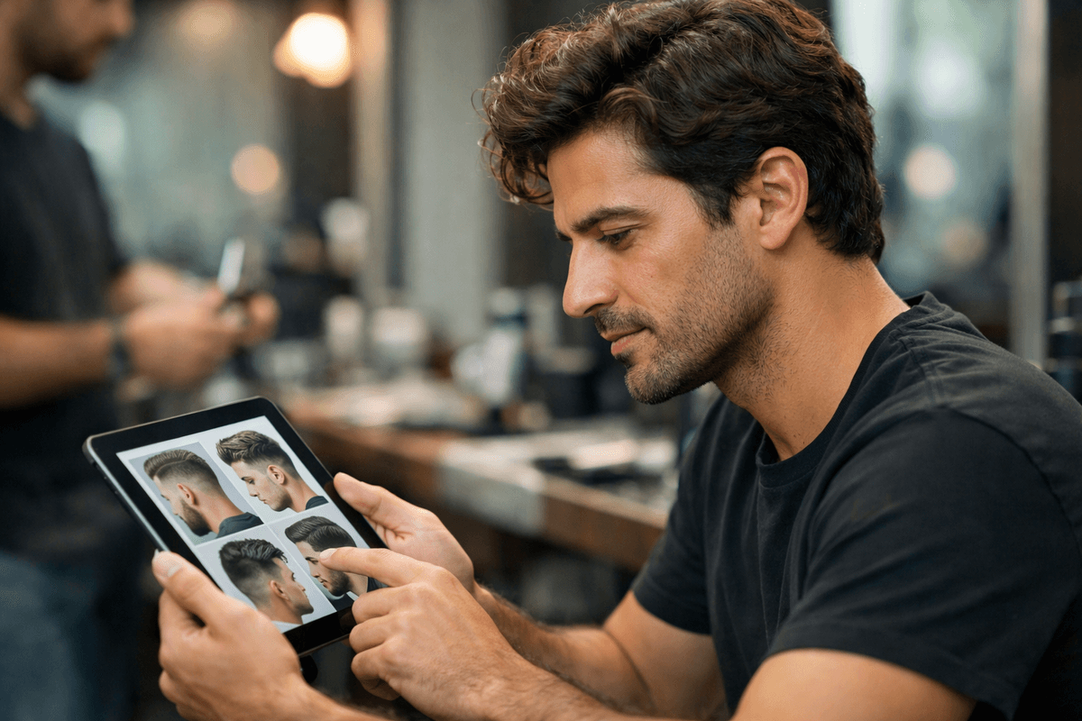 Homem analisando diferentes opções de corte em tablet antes de escolher tipo de risco